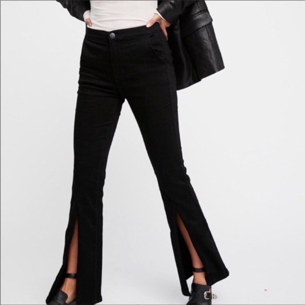 Free People We the Free Black Washed Stretchy Slit Flare Jeans